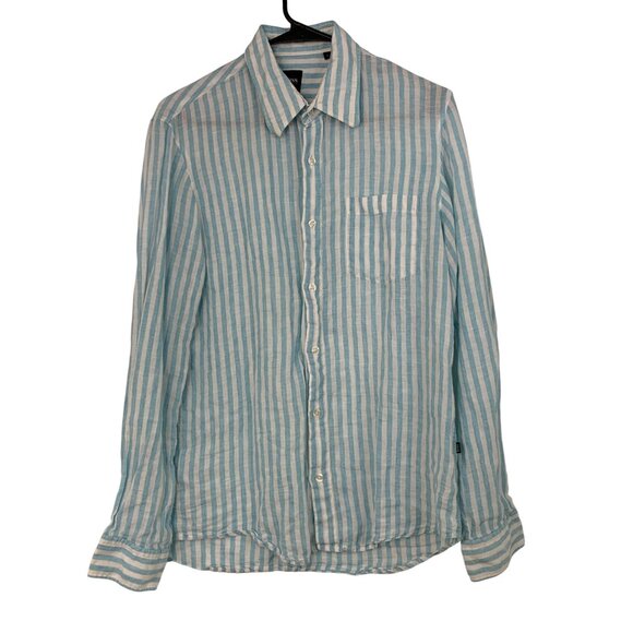 Mens Hugo Boss Blue Stripe 100% Linen Button-Up Sport Shirt M EUC 8881 Vacay - Picture 6 of 10